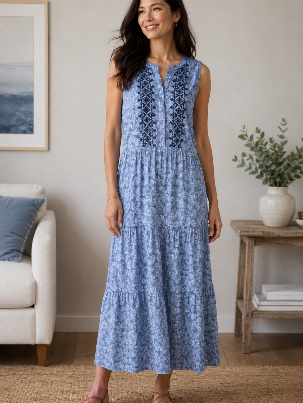 J. Jill Sz M Blue Floral Embroidered Sleeveless Tiered Ruffle Woven Maxi Dress